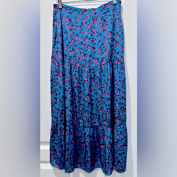 Paige Bestia Floral Print Tiered Teal With Magneta Flowers Midi Skirt - Picture 6 of 11